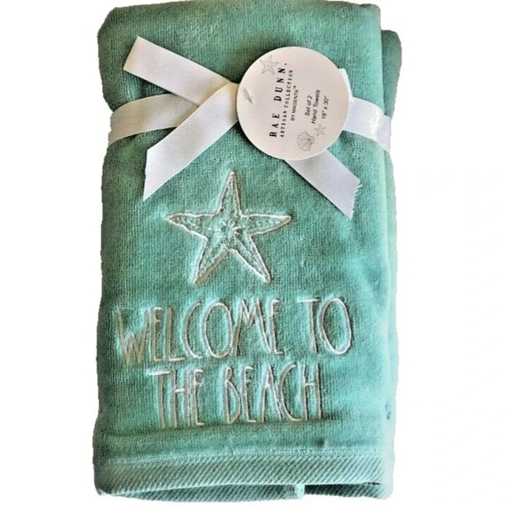 Rae Dunn Starfish Welcome to the Beach Hand Towels Set of 2 Summer Embroidered